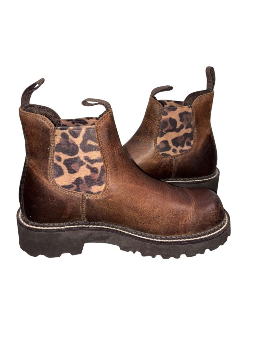 Ariat Fat Baby distressed leather brown Chelsea boots Leopard Print gore US 6.5B